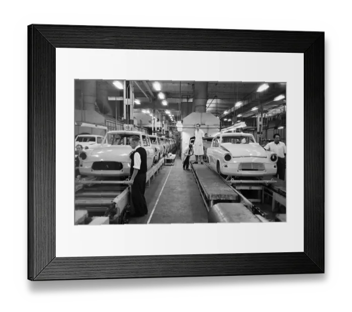 Framed Print : New Ford Anglia cars coming off the production line at the new Ford paint