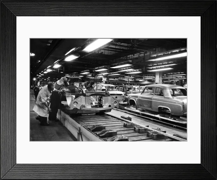 Framed Print : New Ford Anglia cars coming off the production line at the new Ford paint Framed Print : New Ford Anglia cars coming off the production line at the new Ford paint