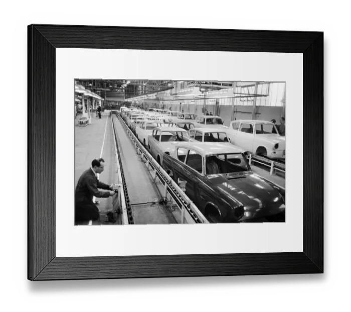 Framed Print : New Ford Anglia cars coming off the production line at the new Ford paint