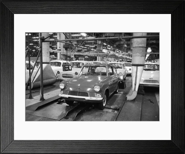 Framed Print : New Ford Anglia cars coming off the production line at the new Ford paint Framed Print : New Ford Anglia cars coming off the production line at the new Ford paint