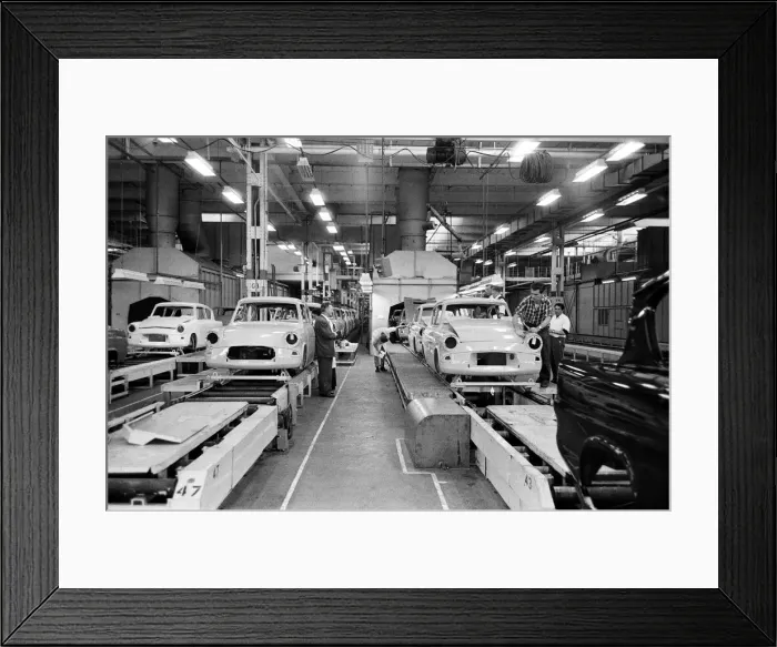 Framed Print : New Ford Anglia cars coming off the production line at the new Ford paint Framed Print : New Ford Anglia cars coming off the production line at the new Ford paint