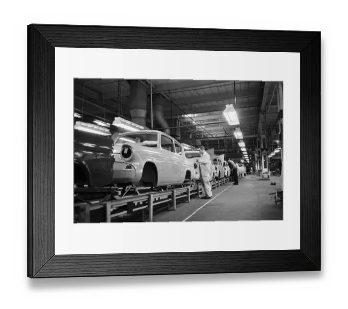 Framed Print : New Ford Anglia cars coming off the production line at the new Ford paint Framed Print : New Ford Anglia cars coming off the production line at the new Ford paint