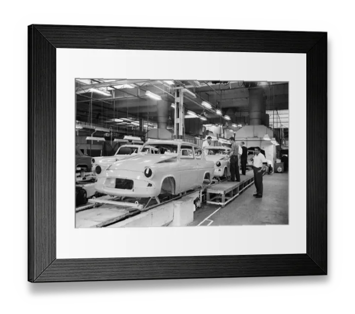 Framed Print : New Ford Anglia cars coming off the production line at the new Ford paint Framed Print : New Ford Anglia cars coming off the production line at the new Ford paint