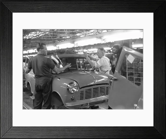 Framed Print : Windscreen being fitted to a Austin Mini van on the production line at Longbridge Framed Print : Windscreen being fitted to a Austin Mini van on the production line at Longbridge
