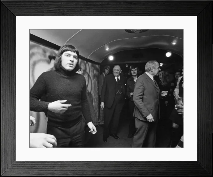 Framed Print : Burnley fans aboard the disco train to London. Chairman Bob Lord is pictured with fans Framed Print : Burnley fans aboard the disco train to London. Chairman Bob Lord is pictured with fans