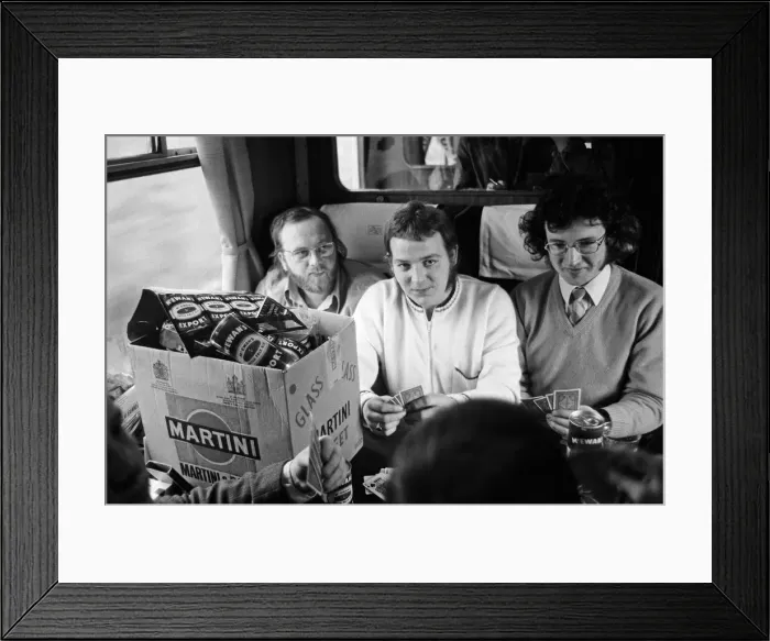 Framed Print : Burnley FC fans enjoy the mobile disco on board the soccer special. 27th January 1973