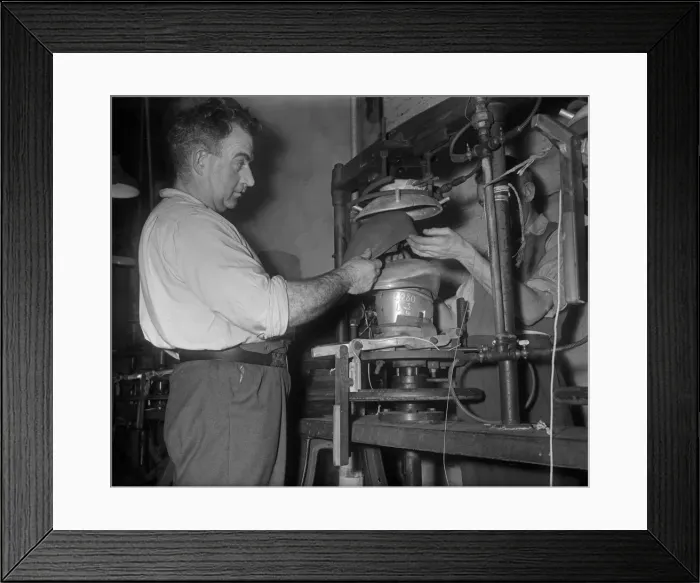 Framed Print : Flat cap being pressed on to a mould at the Denham and Hargreaves factory, Atherstone Framed Print : Flat cap being pressed on to a mould at the Denham and Hargreaves factory, Atherstone