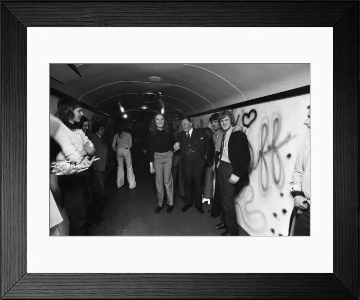Framed Print : Burnley fans aboard the disco train to London. Chairman Bob Lord is pictured with fans Framed Print : Burnley fans aboard the disco train to London. Chairman Bob Lord is pictured with fans
