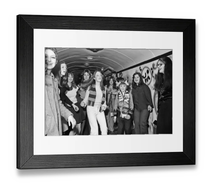 Framed Print : Burnley FC fans enjoy the mobile disco on board the soccer special. 27th January 1973
