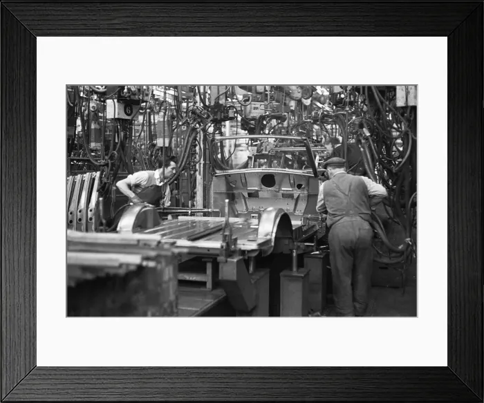 Framed Print : The Austin Mini production line at Longbridge. 10th March 1963 Body panels being spot Framed Print : The Austin Mini production line at Longbridge. 10th March 1963 Body panels being spot