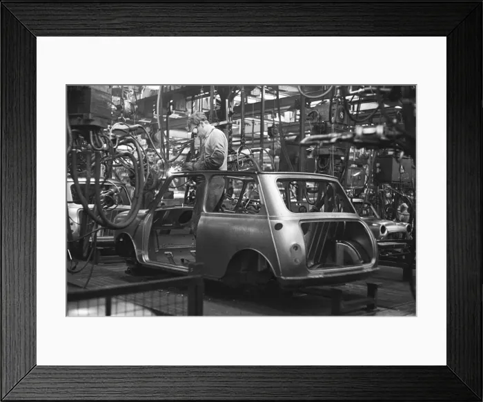 Framed Print : The Austin Mini production line at Longbridge. 10th March 1963 Body panels being spot Framed Print : The Austin Mini production line at Longbridge. 10th March 1963 Body panels being spot