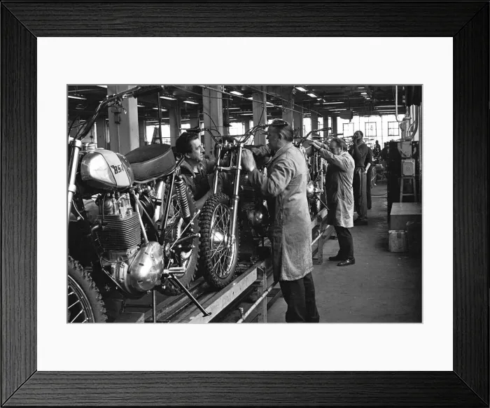 Framed Print : Motorcycle production line at the BSA Factory, Small Heath, Birmingham. 15th March 1973 Framed Print : Motorcycle production line at the BSA Factory, Small Heath, Birmingham. 15th March 1973