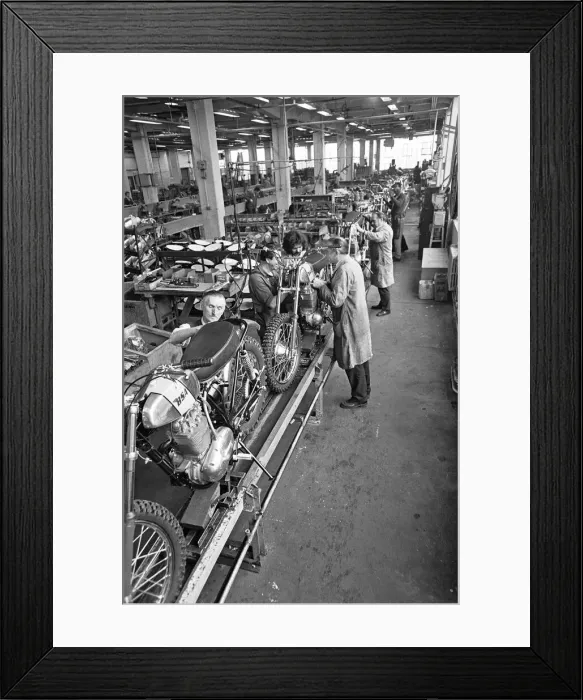 Framed Print : Motorcycle production line at the BSA Factory, Small Heath, Birmingham. 15th March 1973 Framed Print : Motorcycle production line at the BSA Factory, Small Heath, Birmingham. 15th March 1973