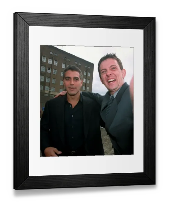 Framed Print : George Clooney and Matthew Wright at Battersea 1997 George Clooney is over here
