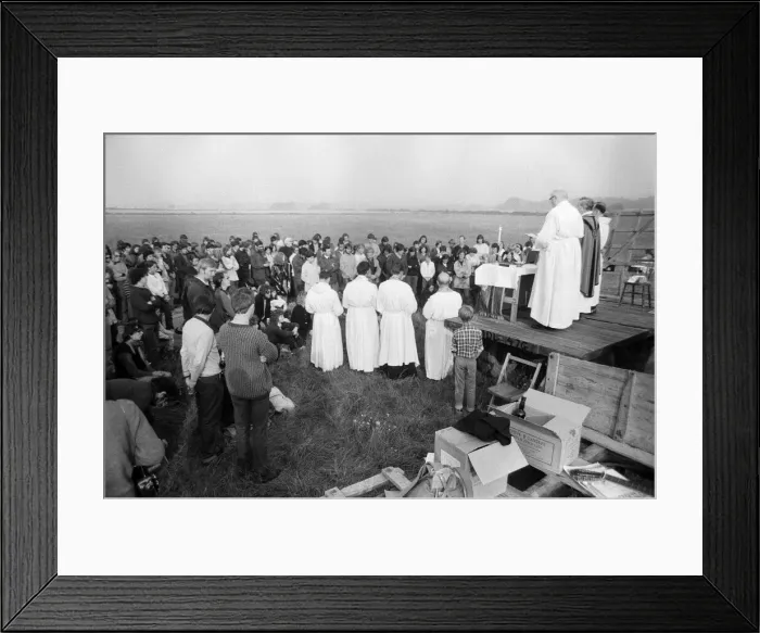Framed Print : Morning service at the pop festival on the Isle of Wight Framed Print : Morning service at the pop festival on the Isle of Wight