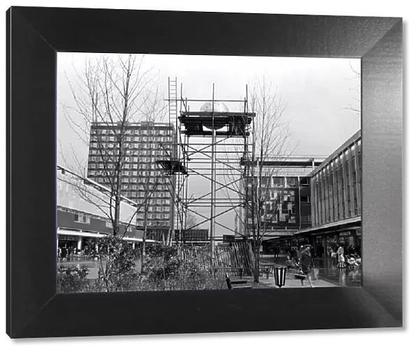 The construction of the town centre clock in Basildon, Essex. 12th March 1966