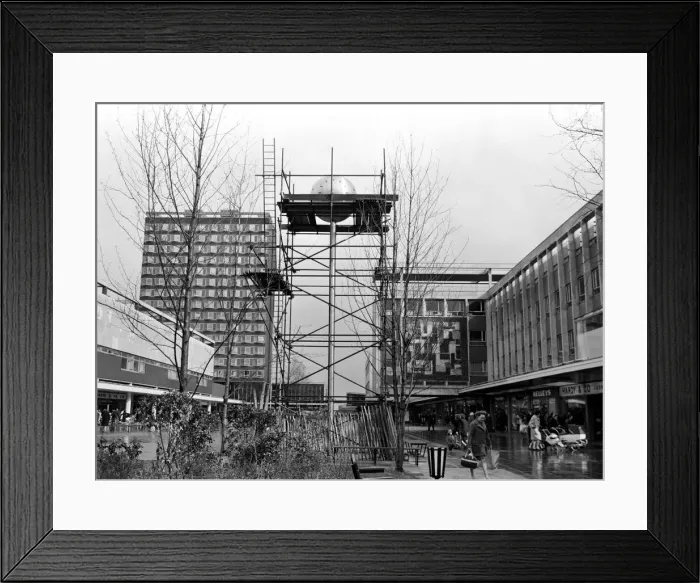 Framed Print : The construction of the town centre clock in Basildon, Essex. 12th March 1966 Framed Print : The construction of the town centre clock in Basildon, Essex. 12th March 1966