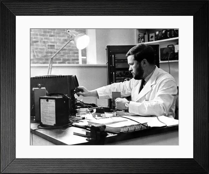 Framed Print : Newcastle General Hospital. An electronic technician tests neurophysiology apparatus in Framed Print : Newcastle General Hospital. An electronic technician tests neurophysiology apparatus in