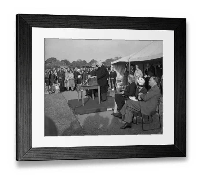 Framed Print : Former Prime Minister Winston Churchill speaking after planting an oak tree to inaugurate Framed Print : Former Prime Minister Winston Churchill speaking after planting an oak tree to inaugurate