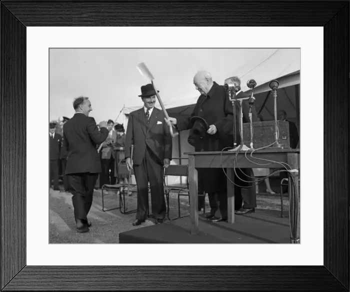 Framed Print : Former Prime Minister Winston Churchill speaking after planting an oak tree to inaugurate Framed Print : Former Prime Minister Winston Churchill speaking after planting an oak tree to inaugurate