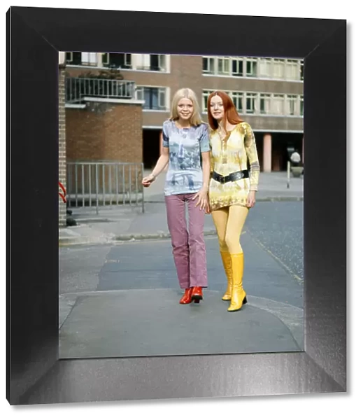 Tie-dye shirts worn by models, Jane (red hair) and Linda (blond hair). 3rd March 1970