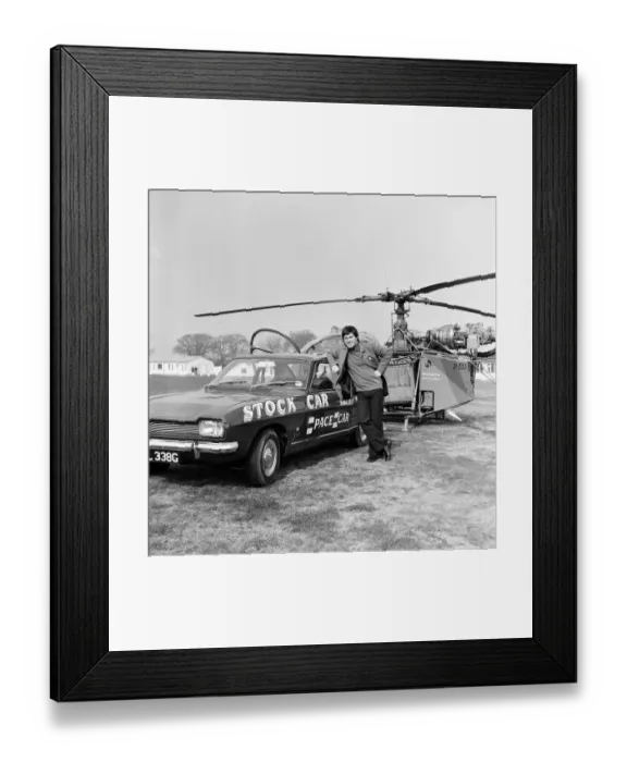 Framed Print : Tony Blackburn with helicopter arriving for the Radio One club at Bournemouth