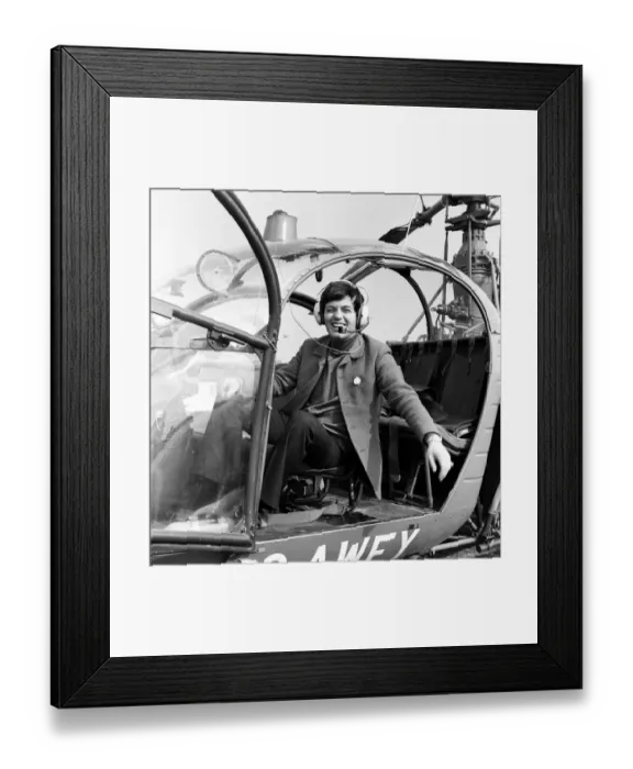 Framed Print : Tony Blackburn with helicopter arriving for the Radio One club at Bournemouth Framed Print : Tony Blackburn with helicopter arriving for the Radio One club at Bournemouth