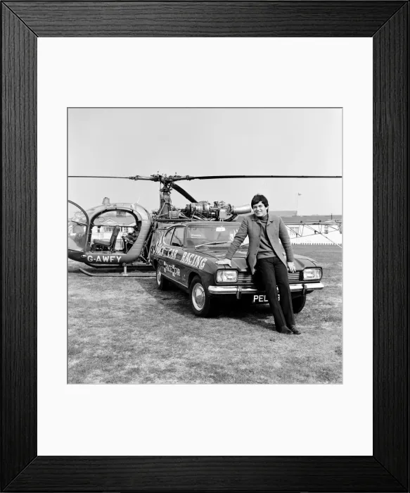 Framed Print : Tony Blackburn with helicopter arriving for the Radio One club at Bournemouth