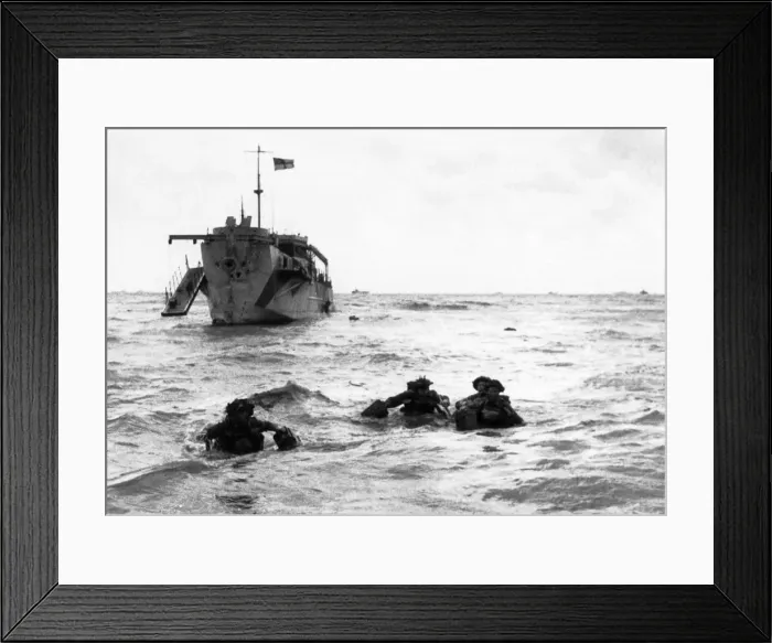 Framed Print : Troops wading ashore from landing craft on Queen Sector, Sword Beach. 6th June 1944 Framed Print : Troops wading ashore from landing craft on Queen Sector, Sword Beach. 6th June 1944