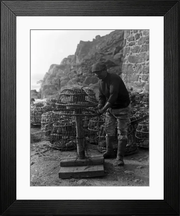 Framed Print : Crabpot making at Penberth, Shaping a crab pot. Cornwall. 1923