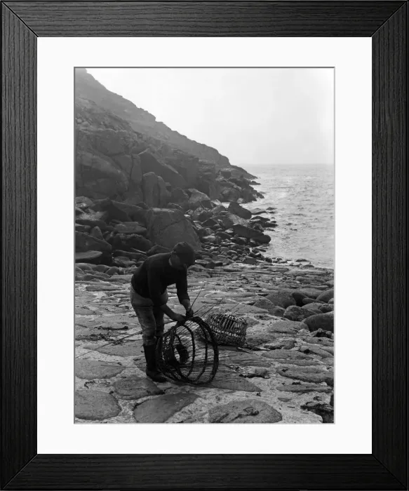 Framed Print : Crabpot making at Penberth, Finishing off a crab pot. Cornwall. 1923 Framed Print : Crabpot making at Penberth, Finishing off a crab pot. Cornwall. 1923