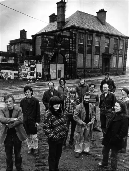 Artists outside Bridewell Studios, a former Police station on Prescot Street, Liverpool