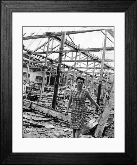 Framed Print : Miss Eileen Harris standing in the rubble which was once St. Johns Market, Liverpool Framed Print : Miss Eileen Harris standing in the rubble which was once St. Johns Market, Liverpool