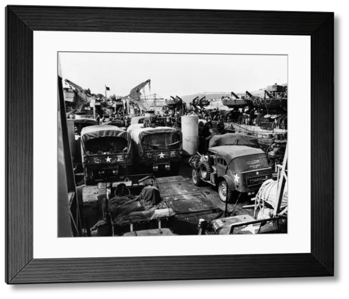Framed Print : American vehicles loaded aboard landing ships in the river Dart during preparations for Framed Print : American vehicles loaded aboard landing ships in the river Dart during preparations for