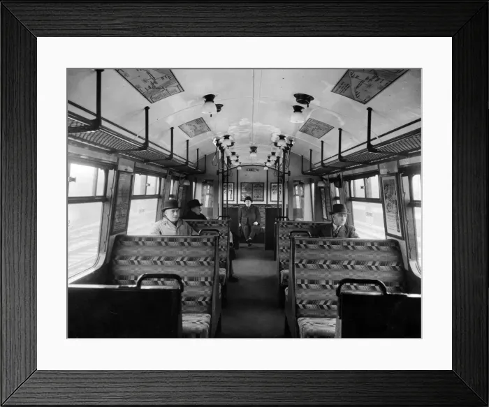 Framed Print : Interior of one of the new electric trains to run on the Wirral Railway. 14th March 1938