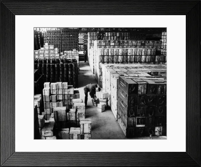 Framed Print : Made at an equipment depot somewhere in England, stacks of packing cases filled with