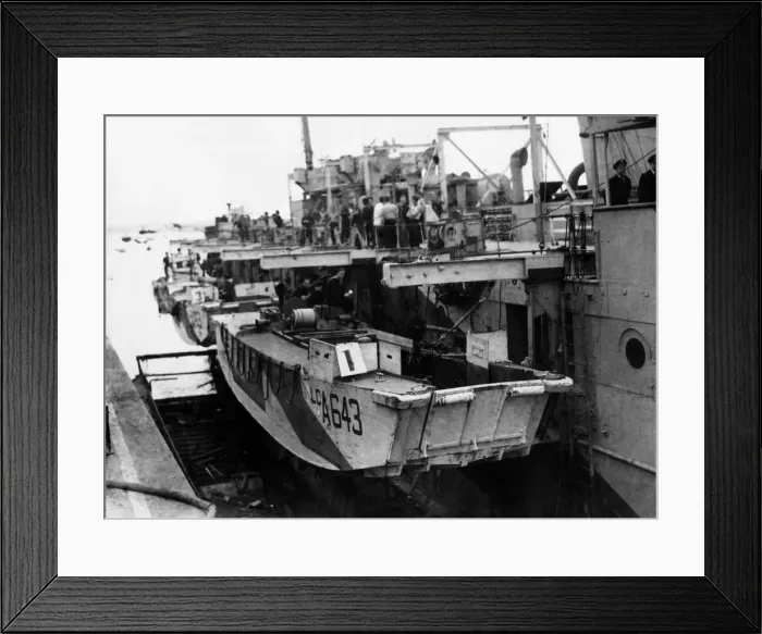 Framed Print : A view alongside an L. S. I showing landing craft swung on, davits Framed Print : A view alongside an L. S. I showing landing craft swung on, davits