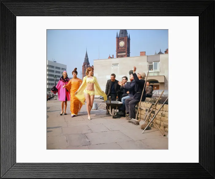 Framed Print : Fashion show in Liverpool. L-R Zandra Fisher, wearing a pink silk coat trimmed with pink Framed Print : Fashion show in Liverpool. L-R Zandra Fisher, wearing a pink silk coat trimmed with pink