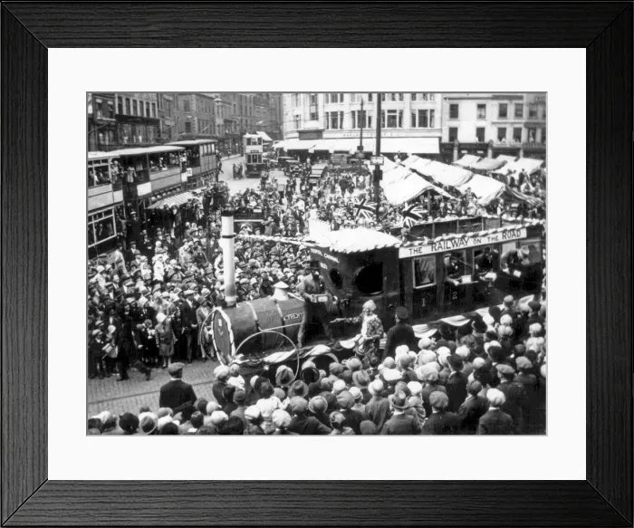 Framed Print : A Trent Motor Traction Company tableau movers through the crowds in Derby Market Place Framed Print : A Trent Motor Traction Company tableau movers through the crowds in Derby Market Place