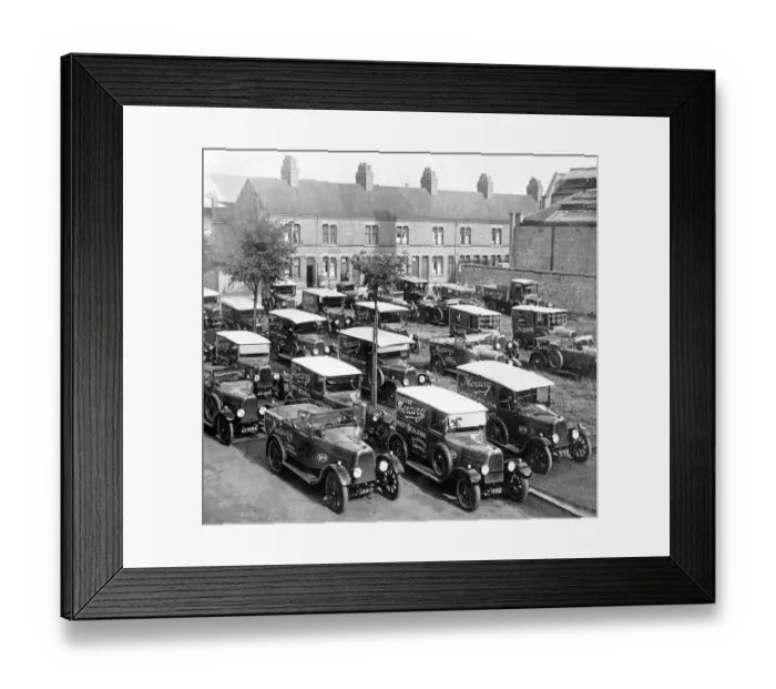 Framed Print : Leicester Mercury vans in the late 1920s at a public garage in Braunstone Gate