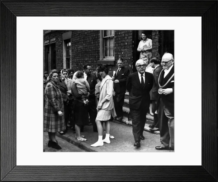Framed Print : Dr Charles Hill, Minister of Housing, making a tour of China Street, Everton Framed Print : Dr Charles Hill, Minister of Housing, making a tour of China Street, Everton