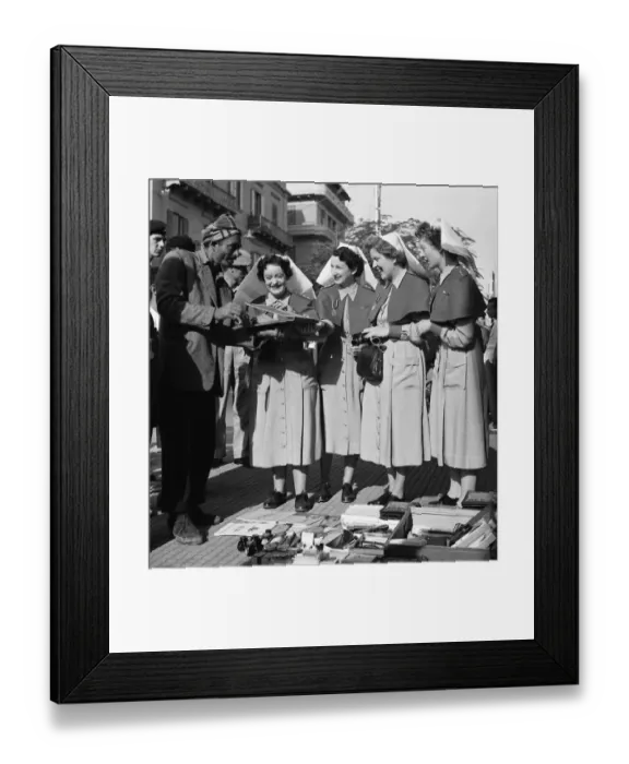Framed Print : Suez Crisis 1956 British Army nurses shopping in in Port Saids main street Framed Print : Suez Crisis 1956 British Army nurses shopping in in Port Saids main street
