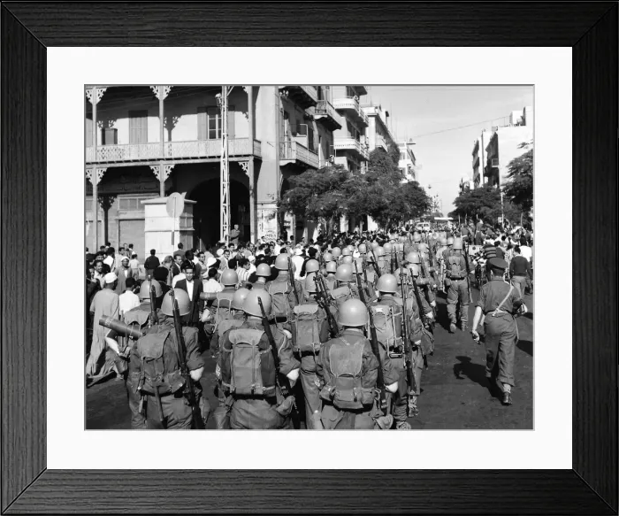 Framed Print : Suez Crisis 1956 United Nations troops march into Port Said past a restless Framed Print : Suez Crisis 1956 United Nations troops march into Port Said past a restless
