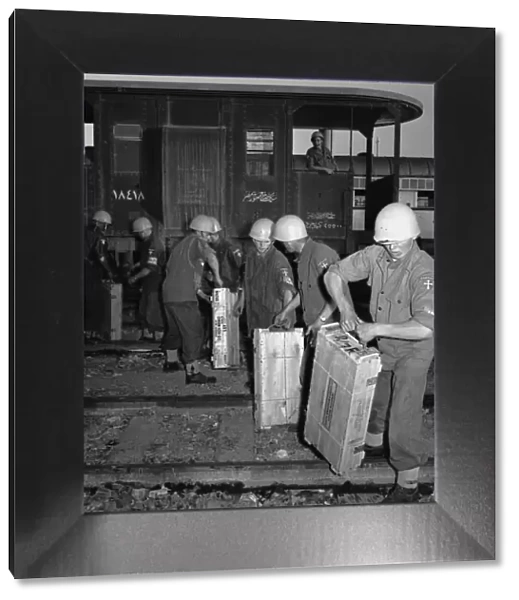 Suez Crisis 1956 Danish UNO troops unloading ammunition from a supply train in Port
