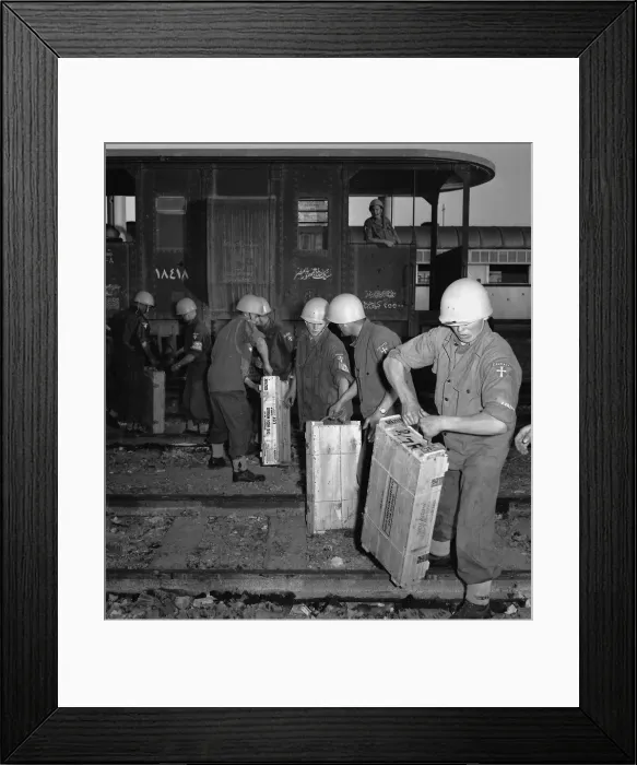 Framed Print : Suez Crisis 1956 Danish UNO troops unloading ammunition from a supply train in Port Framed Print : Suez Crisis 1956 Danish UNO troops unloading ammunition from a supply train in Port