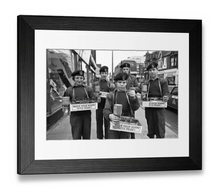 Framed Print : Army cadet poppy sellers on Linthorpe Road Middlesbrough November 1975 Framed Print : Army cadet poppy sellers on Linthorpe Road Middlesbrough November 1975