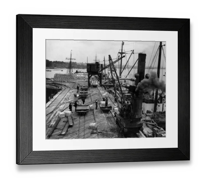Framed Print : Pier head, discharching wood pulp from a steamer. 14th August 1922 Framed Print : Pier head, discharching wood pulp from a steamer. 14th August 1922