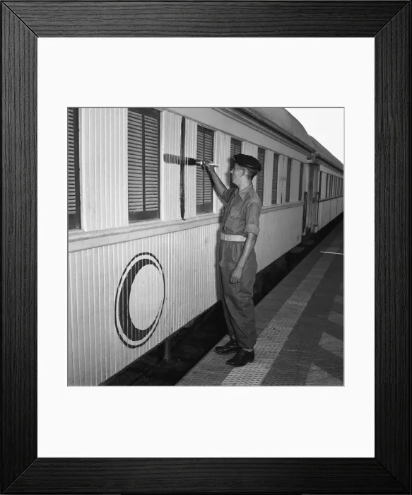 Framed Print : Suez Crisis 1956 A train at Port Said Station is marked with the red cross Framed Print : Suez Crisis 1956 A train at Port Said Station is marked with the red cross