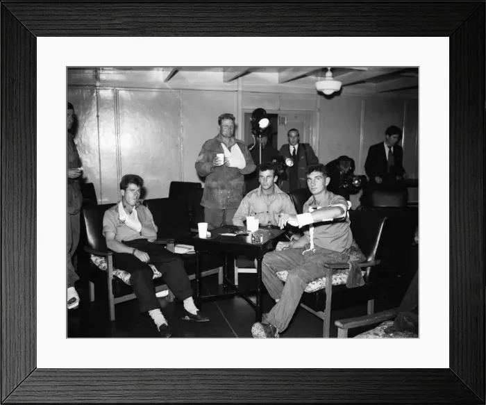 Framed Print : Suez Crisis 1956 Wounded British soldiers at Lyneham airfield relax after their Framed Print : Suez Crisis 1956 Wounded British soldiers at Lyneham airfield relax after their
