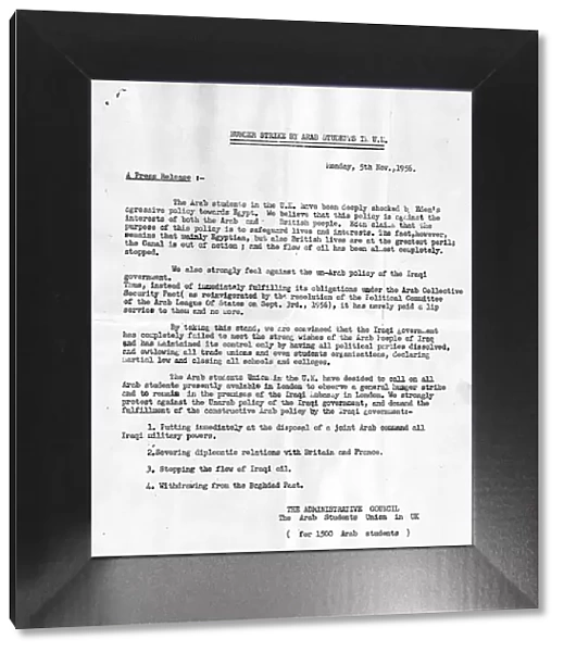 Suez Crisis 1956 Press Release put out by Arab students 5  /  11  /  56